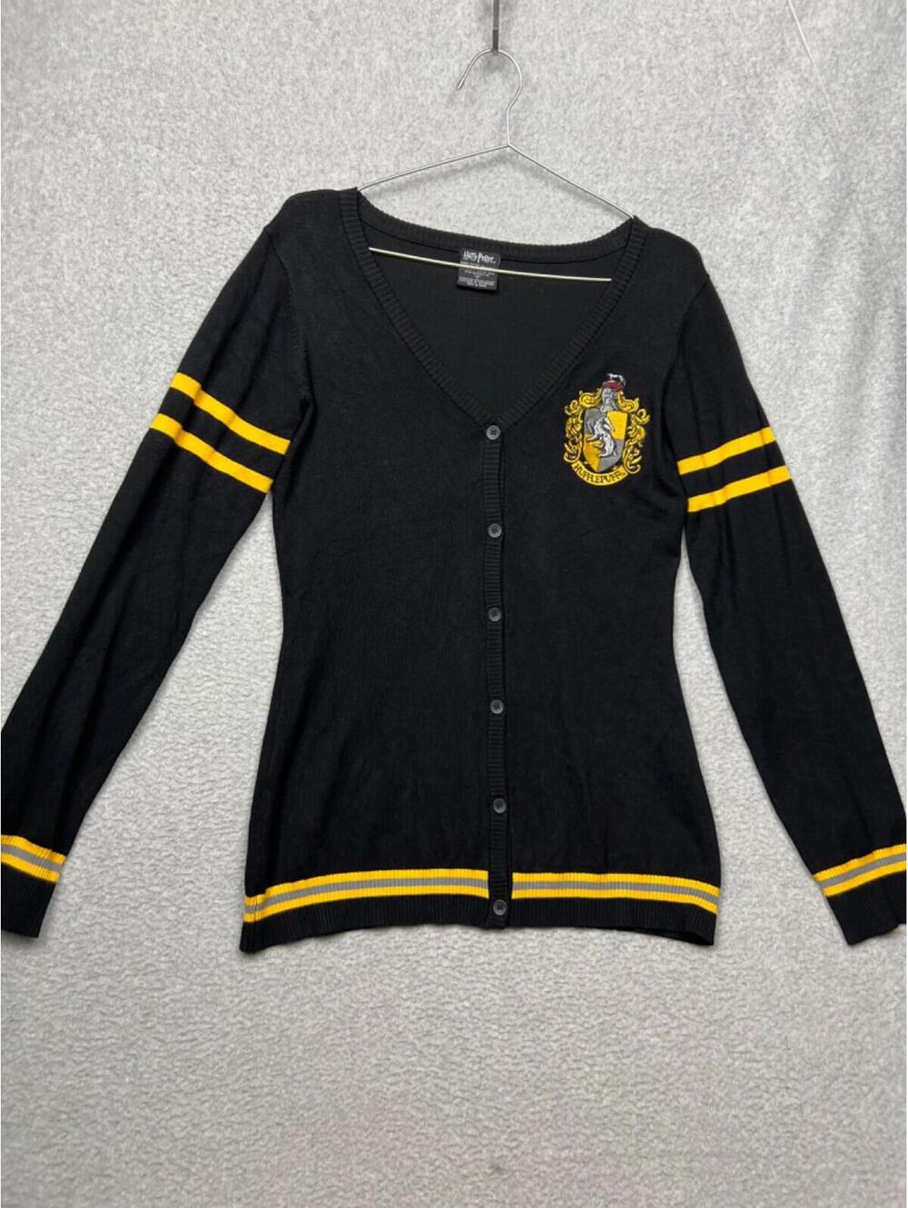 Harry Potter Sweater Hufflepuff Cardigan Knit Womens M Black Preppy Halloween